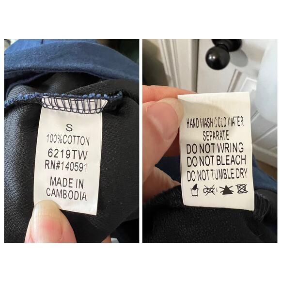 CQ BY CQ Linen Blouse Top Off The Shoulder Ruffle Embellishment 3/4 Sleeve Navy - Picture 14 of 14